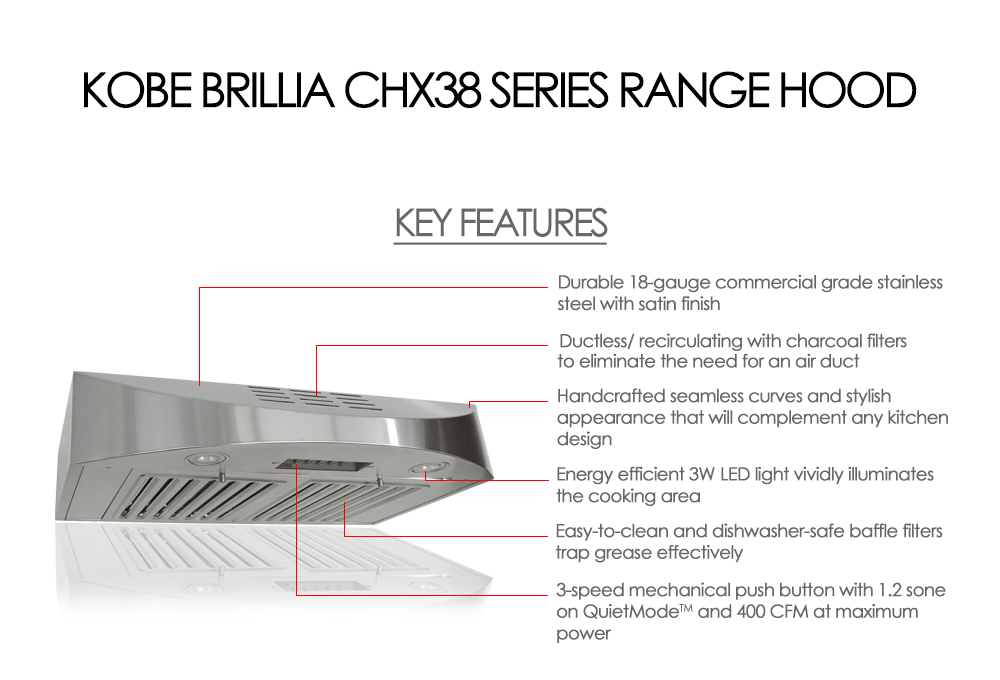 KOBE CHX38 SQBD-3 BRILLIA Series Ductless Under Cabinet Range Hood 30" - Image 3