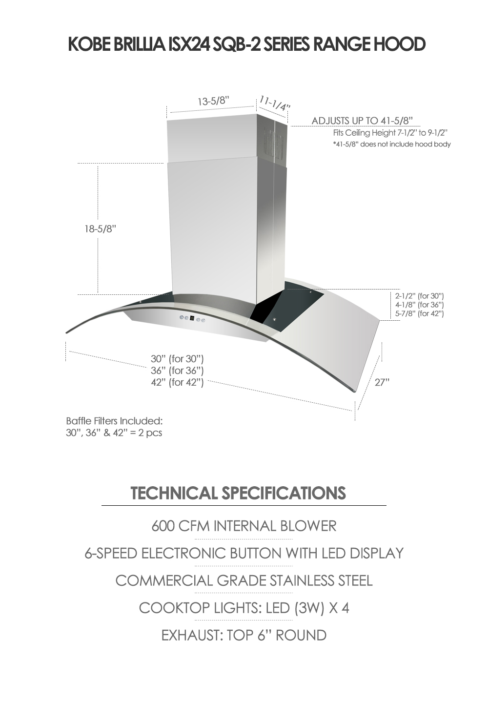 KOBE BRILLIA ISX24 SQB-2 Island Kitchen Exhaust Range Hood - 30" - Image 4