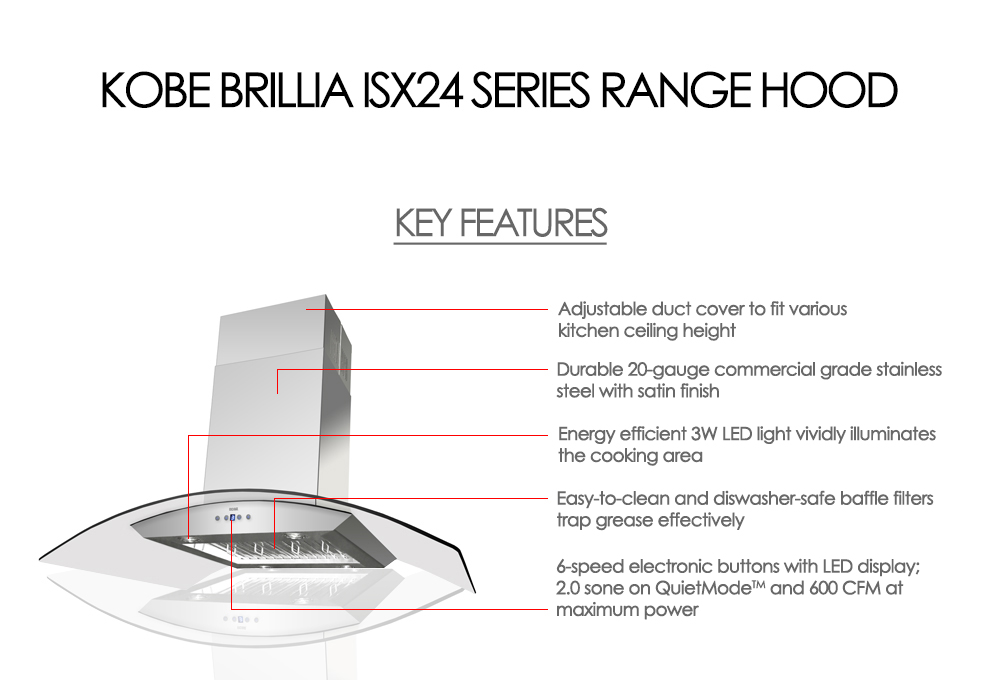 KOBE BRILLIA ISX24 SQB-2 Island Kitchen Exhaust Range Hood - 30" - Image 3